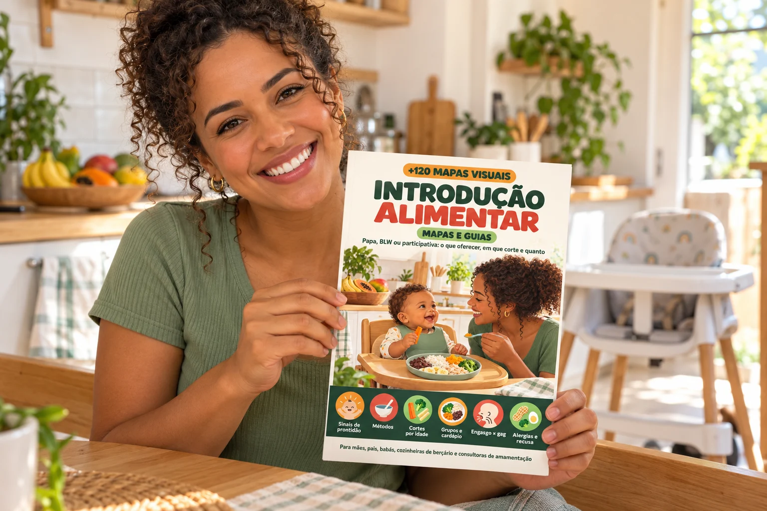 Mãe segurando os Mapas Visuais de Introdução Alimentar